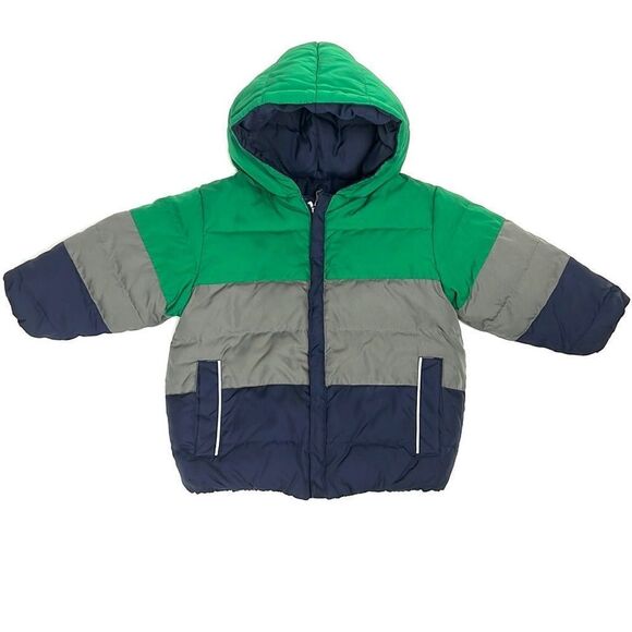 Hanna Andersson Boys Navy Gray Green Down Jacket Puffer With Hood Size 80 US 2 - Picture 1 of 9